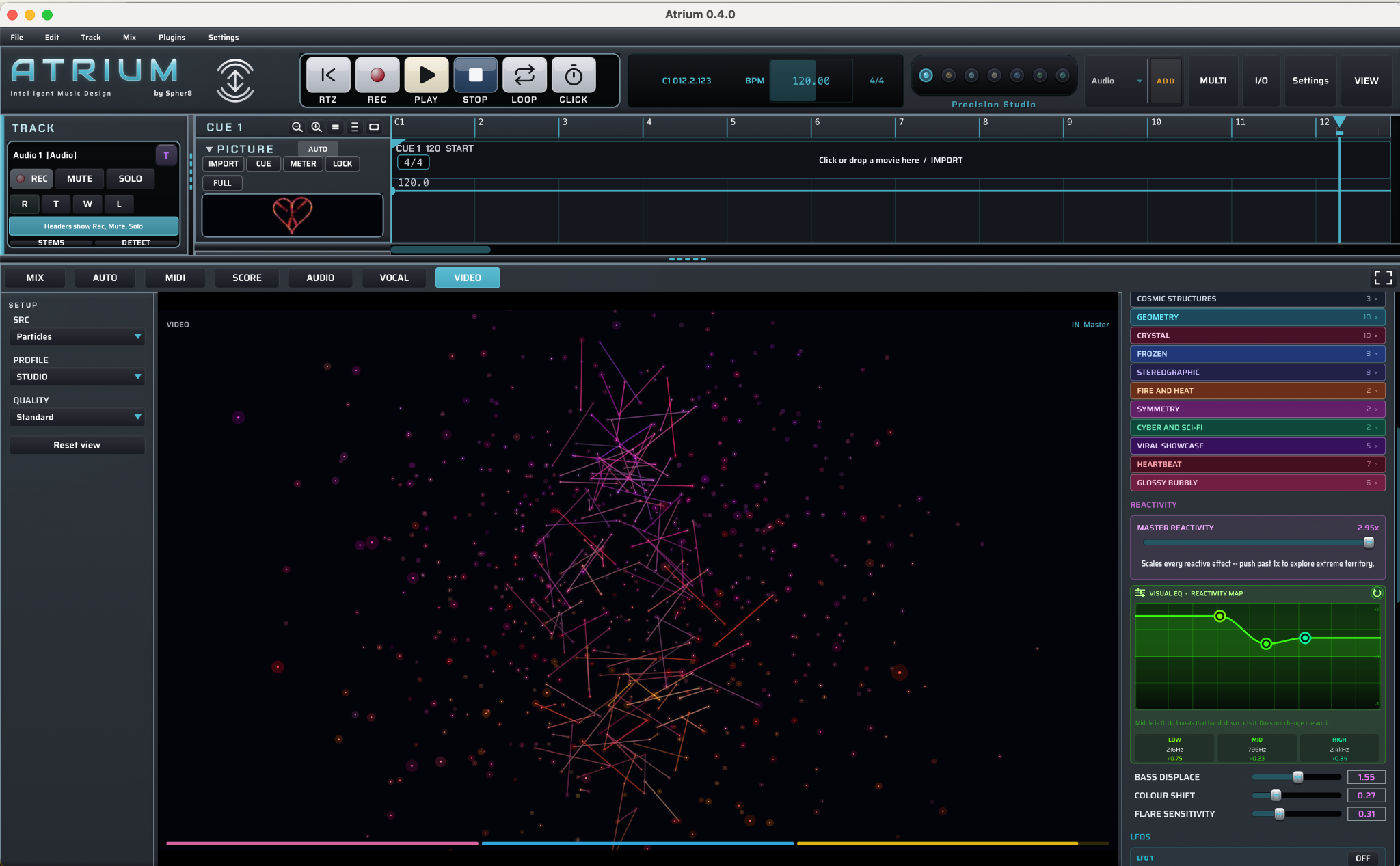 The Atrium studio with the arrangement, score and visual modules open on screen